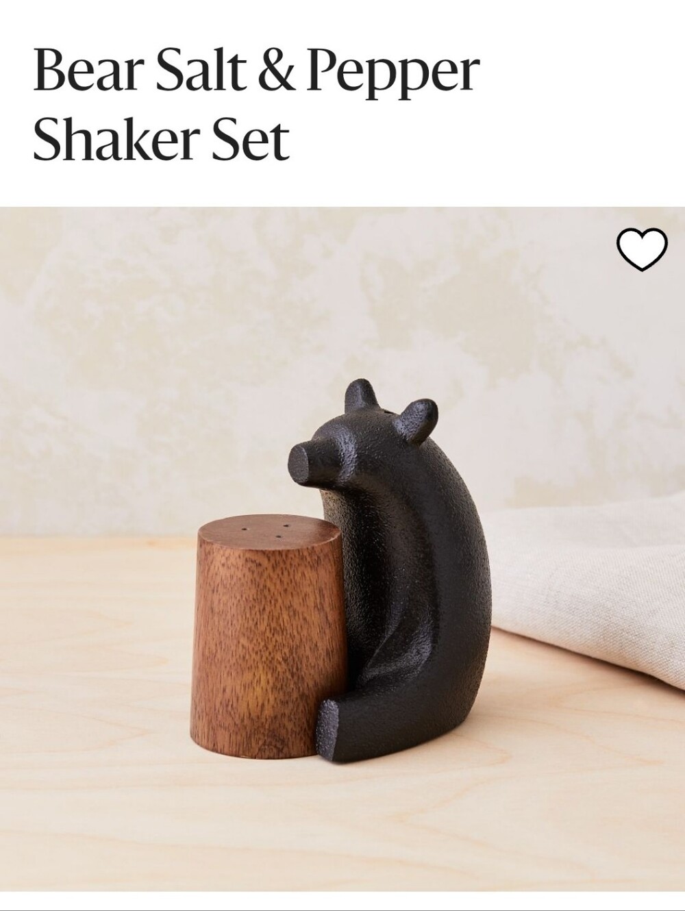 West Elm Bear Salt & Pepper Shaker Set – Black Bear with Wood